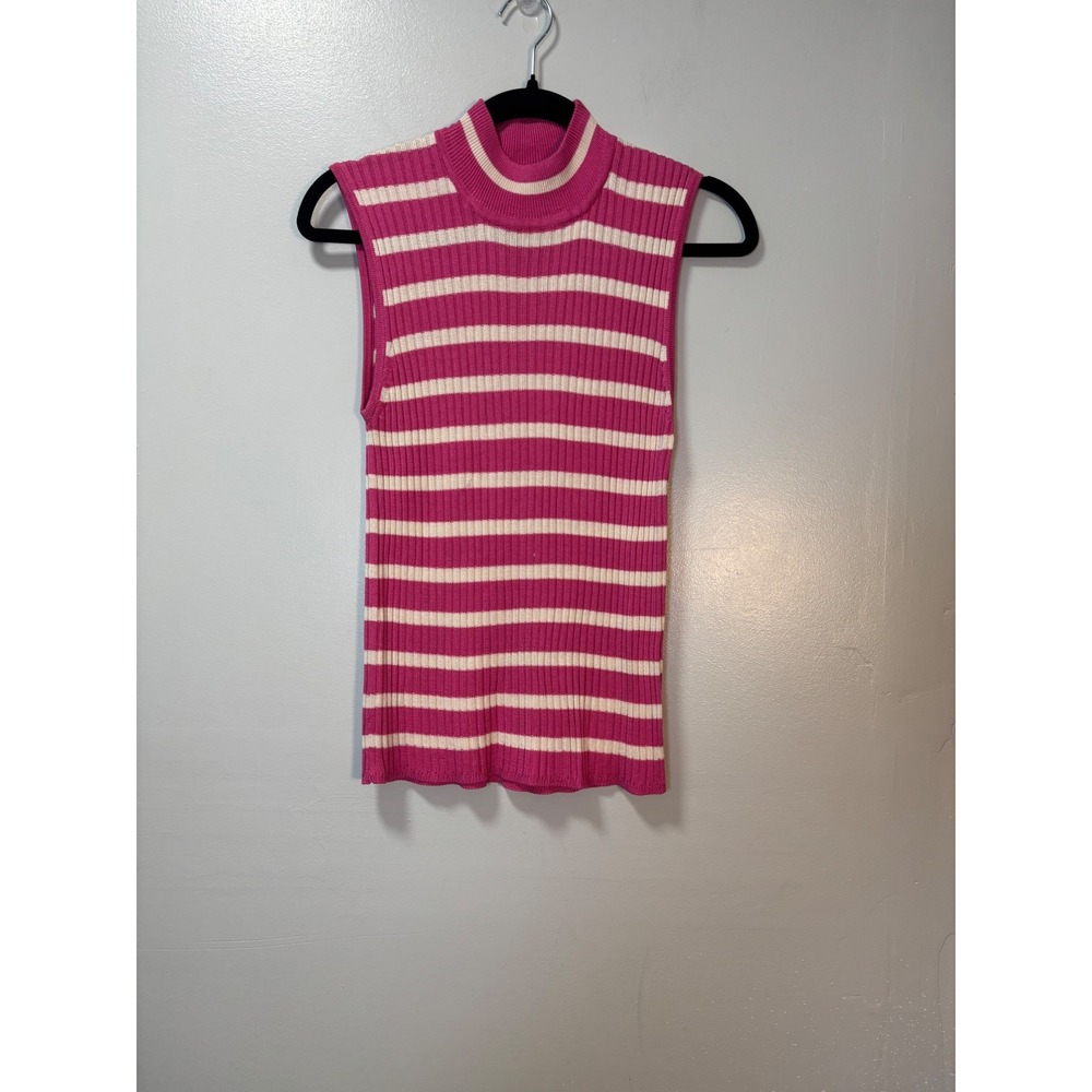 Nina Charles for Kasper ASL Pink White Striped Silk Ribbed Mock Neck Tank Top L